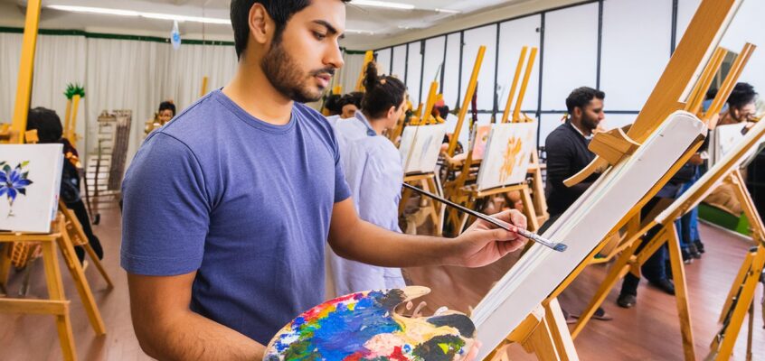 man painting a picture in an art class