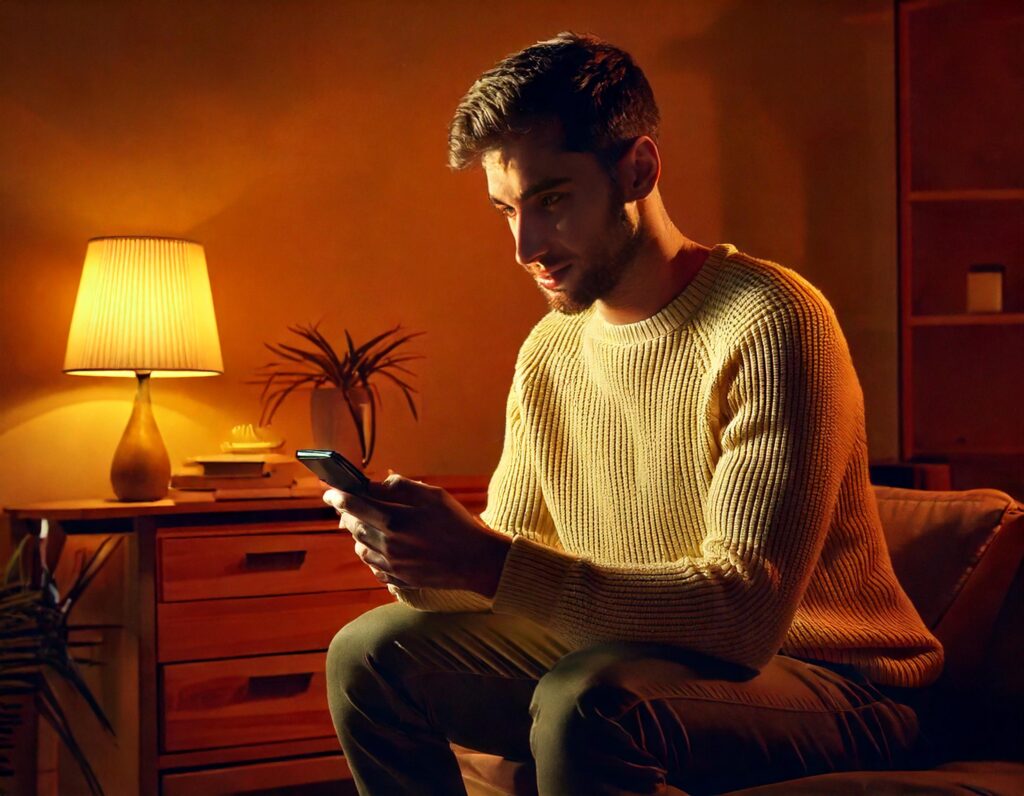 Contemplative man rading a text on his phone