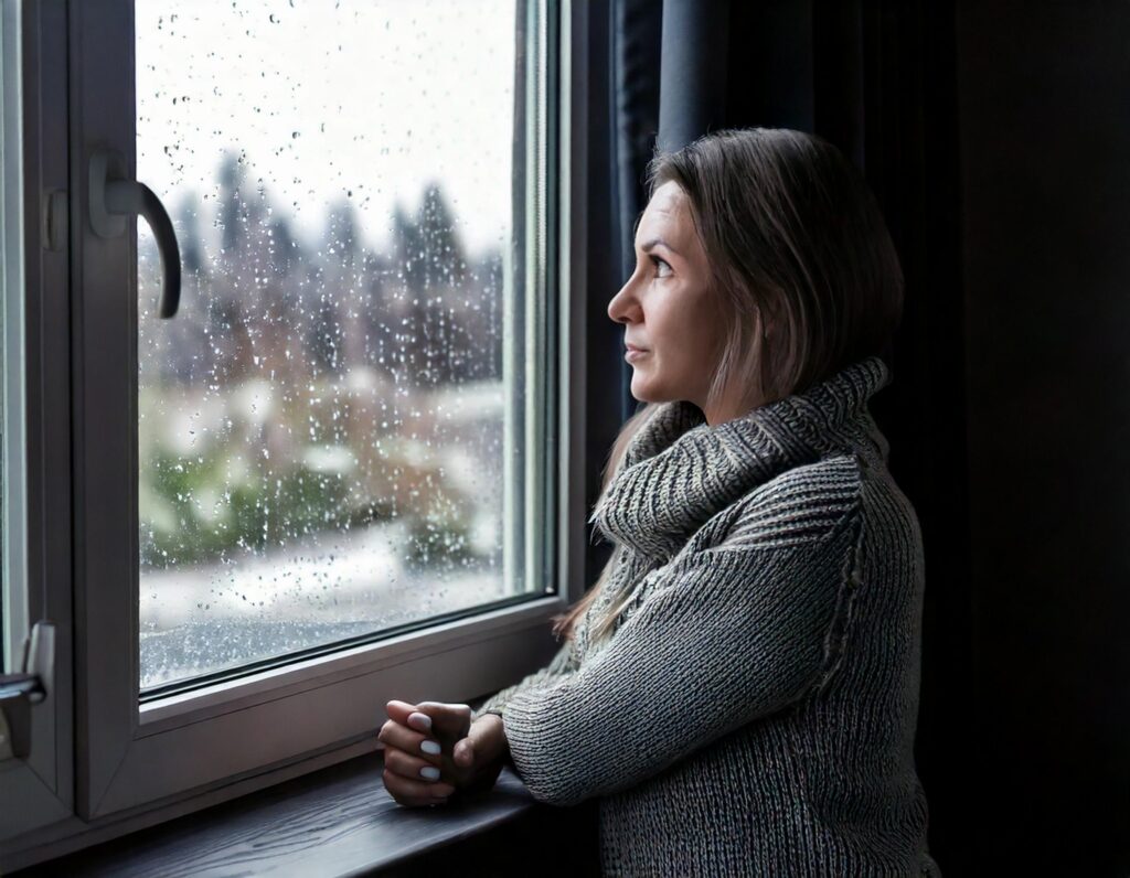 woman looking at a dreary winter day