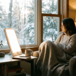 Light therapy lamp by a window in winter