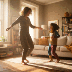 neurodivergent adult and child dancing together in a living room