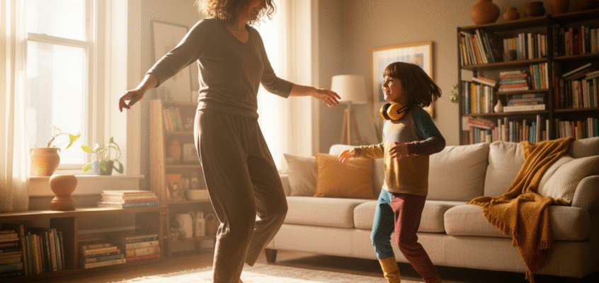 neurodivergent adult and child dancing together in a living room