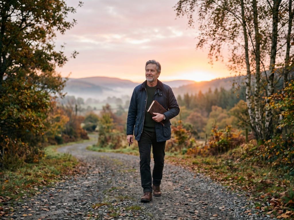 man walking at sunrise