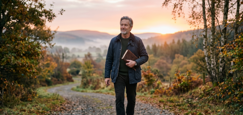 man walking at sunrise