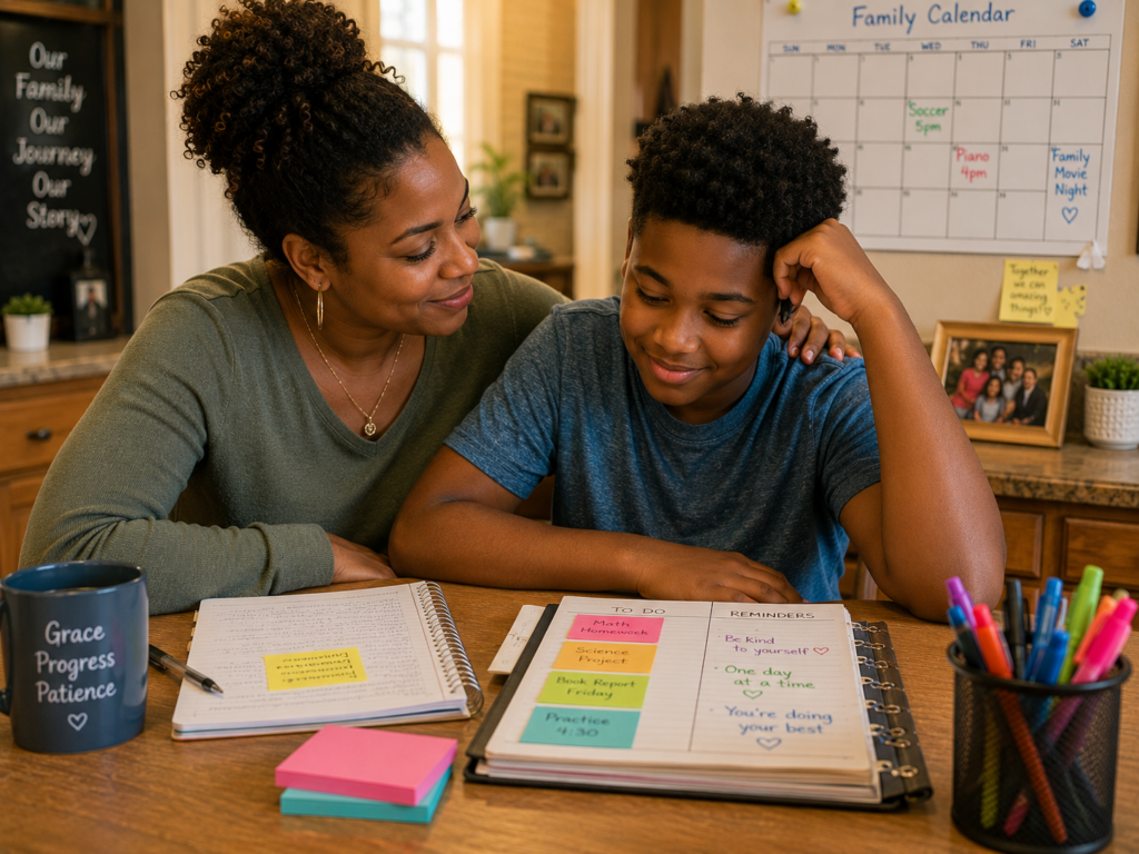boy and his mom planning