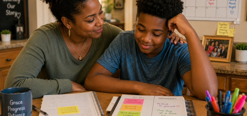 boy and his mom planning