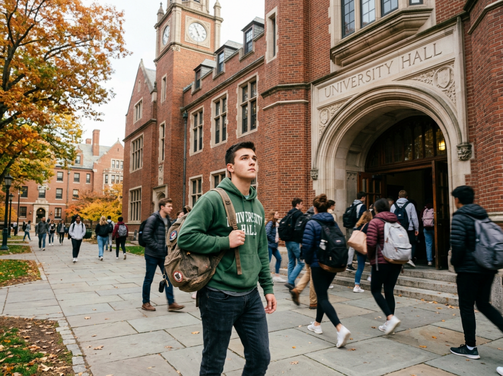 college student approaching building