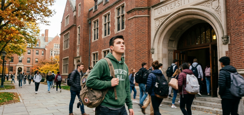 college student approaching building